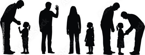 Black Silhouettes of a Small Family Unit, Including Parents and a Young Child, Interacting and Showing Affection, Symbolizing Love, Bonding, Care, and Childhood Vector Graphic