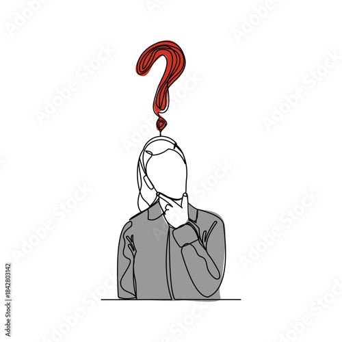 Continuous single line sketch drawing of thinking woman with questions mark. One line art of business woman thinking idea. Vector illustration editable stroke