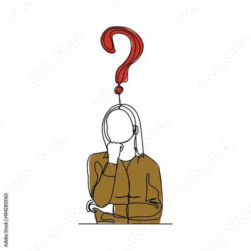 Continuous single line sketch drawing of thinking woman with questions mark. One line art of business woman thinking idea. Vector illustration editable stroke