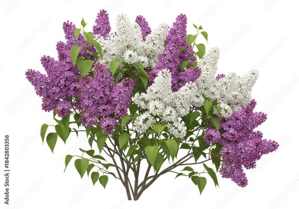 Obraz premium Vibrant bouquet of purple and white lilac blossoms with green foliage on a white background