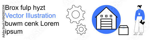 Supply chain, e-commerce, inventory control, logistics management, distribution solutions, workforce organization. Warehouse, worker and storage box with conceptual gears. Supply chain and logistics