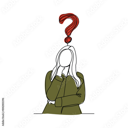 Continuous single line sketch drawing of thinking woman with questions mark. One line art of business woman thinking idea. Vector illustration editable stroke