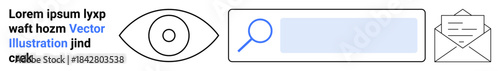 Vision, search, internet browsing, communication, email, user interface. Eye icon, search bar with magnifying glass envelope icon. Vision and search concepts for online navigation