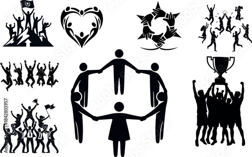 Teamwork Success Silhouettes: Celebrating Unity, Achievement, Victory, and Cooperation. Business, Sports & Community Concept Vector Set.