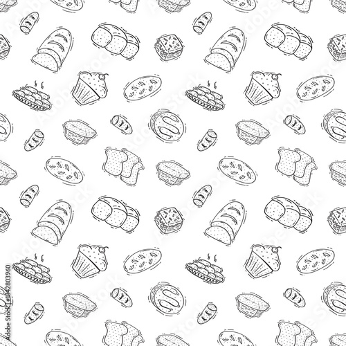 Hand Drawn Bread seamless pattern. Doodle Bakery pattern background