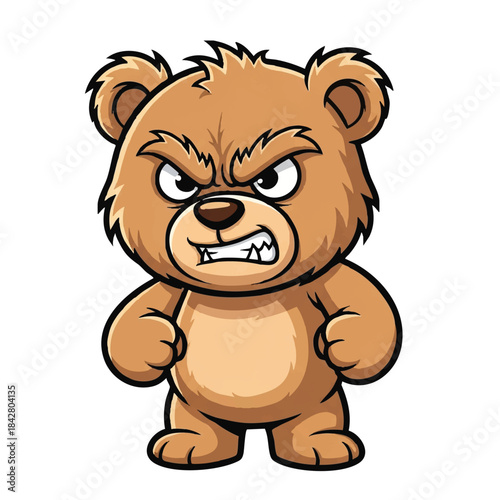 A fierce teddy bear mascot with fur standing up and an intense, angry glare is presented as a sharp 2D flat vector illustration isolated on a clean white background.