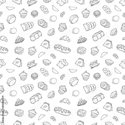 Hand Drawn Bread seamless pattern. Doodle Bakery pattern background