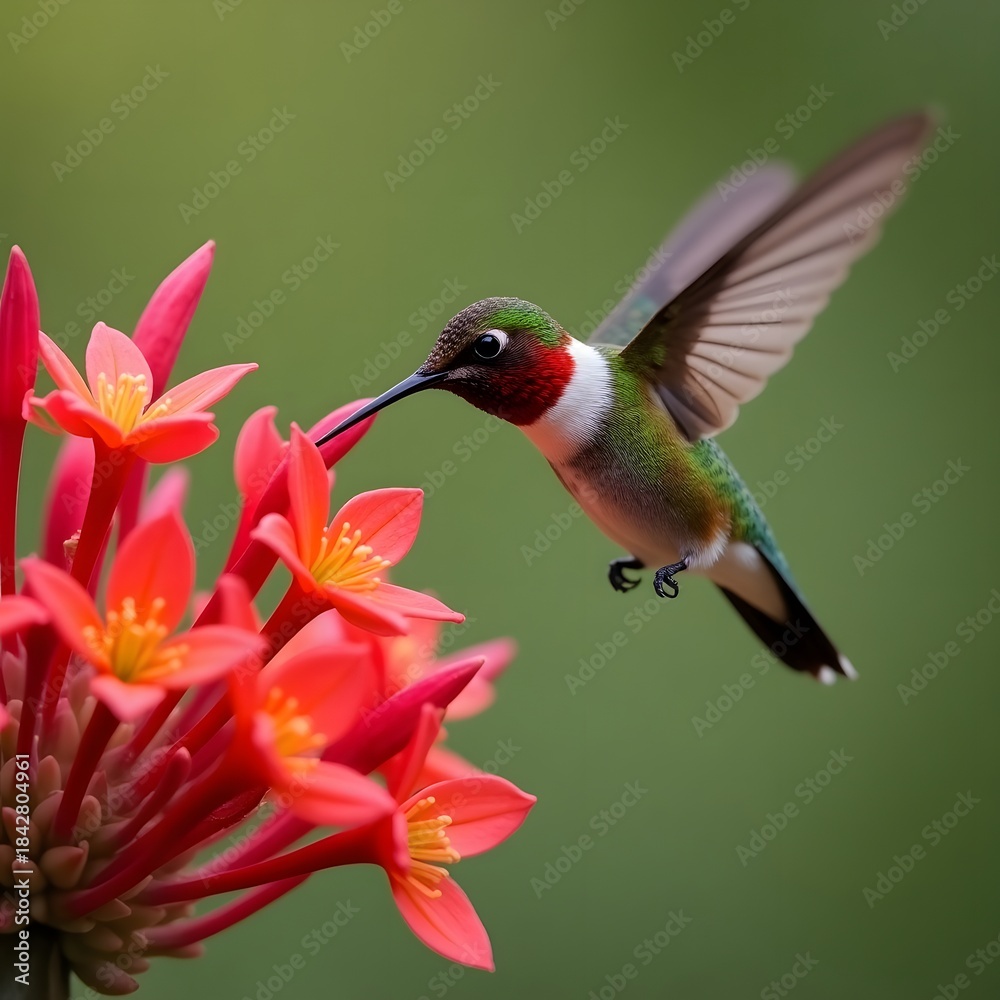 Naklejka premium Hummingbird feeding on a flower in flight