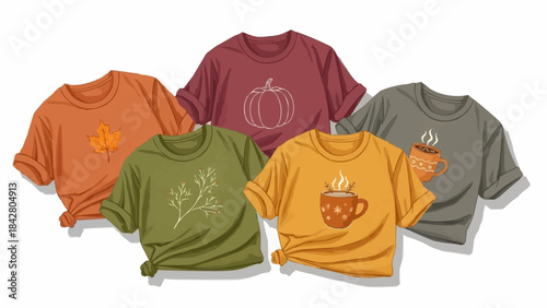 Collection of five autumn-themed t-shirts with various fall designs.