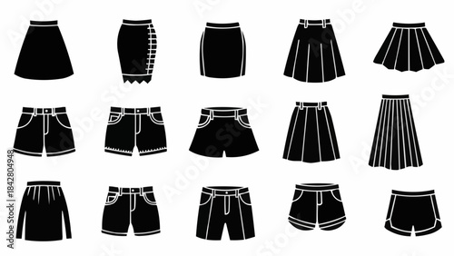 Collection of Black Skirts and Shorts Silhouettes for Fashion Design.