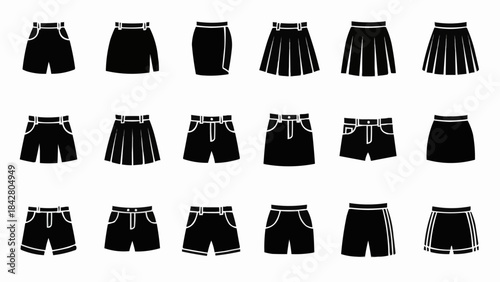 Collection of Black Skirts and Shorts Silhouettes for Fashion Design.