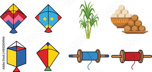 Makar Sankranti Festival Elements Vector Set – Kites, Manjha Spools, Sugarcane and Tilgul Ladoo Icons