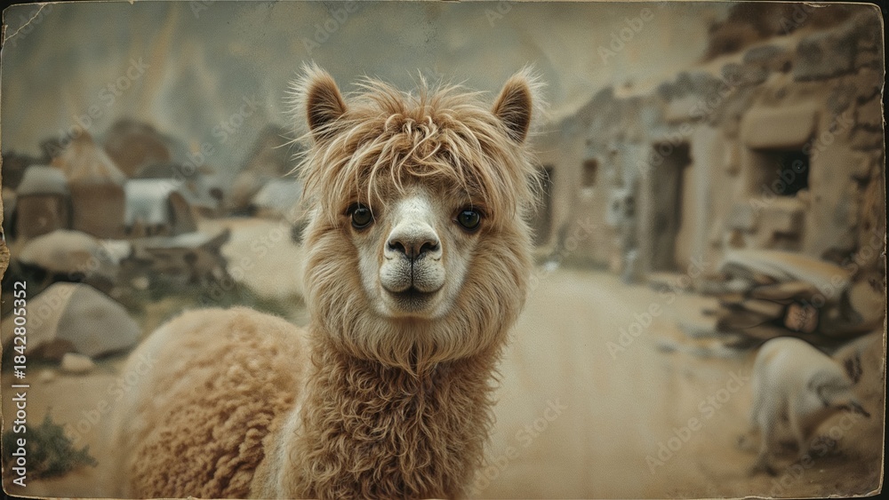 Obraz premium Young alpaca in a stone-built rural setting with rocky landscape and traditional structures. The scene captures a rustic environment with animals and countryside.
