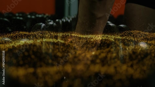 Hand entering frame, sliding over weights as gold dust rising, gripping, lifting weight for workout