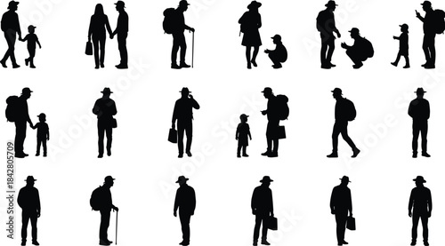 Silhouetted people collection, walking figures, family interactions, urban lifestyle, talking poses, backpacks, hats, black vector icons, human movement