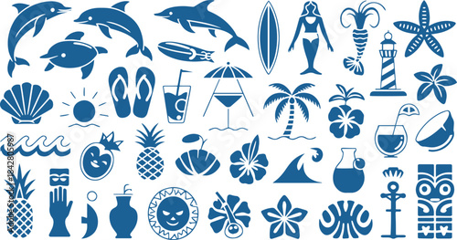  Tropical Summer Ocean Icon Set Silhouette Design for Travel Branding Stickers and Posters Editable Template.