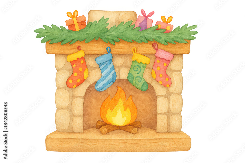 Obraz premium Watercolor style illustration showing a festive fireplace decorated for christmas with burning logs, stockings, presents, and green garland