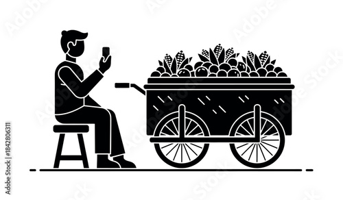 Street vendor sitting next to fruit and vegetable cart icon silhouette