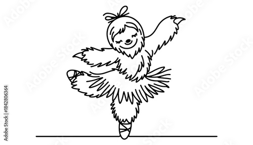 Cute yeti girl dancing ballet in tutu, single line art on transparent background