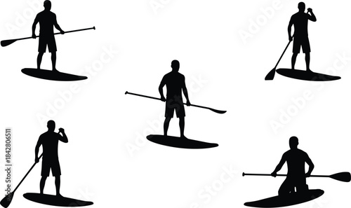 Silhouettes of five paddleboarders in varied poses, black figures showing recreational motion and water sport illustration concept
