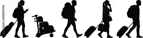 Silhouettes of five travelers walking with luggage, black figures showing motion, travel and transit illustration in airport setting