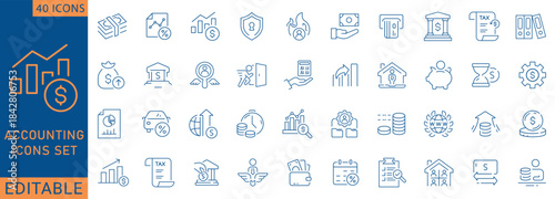 Minimal Accounting set of web icons in line style tax, audit, analytics, payment, investment, and money management. Perfect for web, app UI, presentations, and corporate materials.