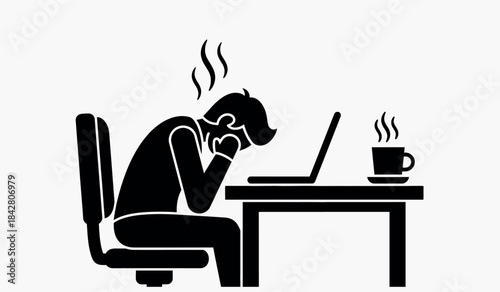 Overwhelmed office worker with steaming coffee cup nearby