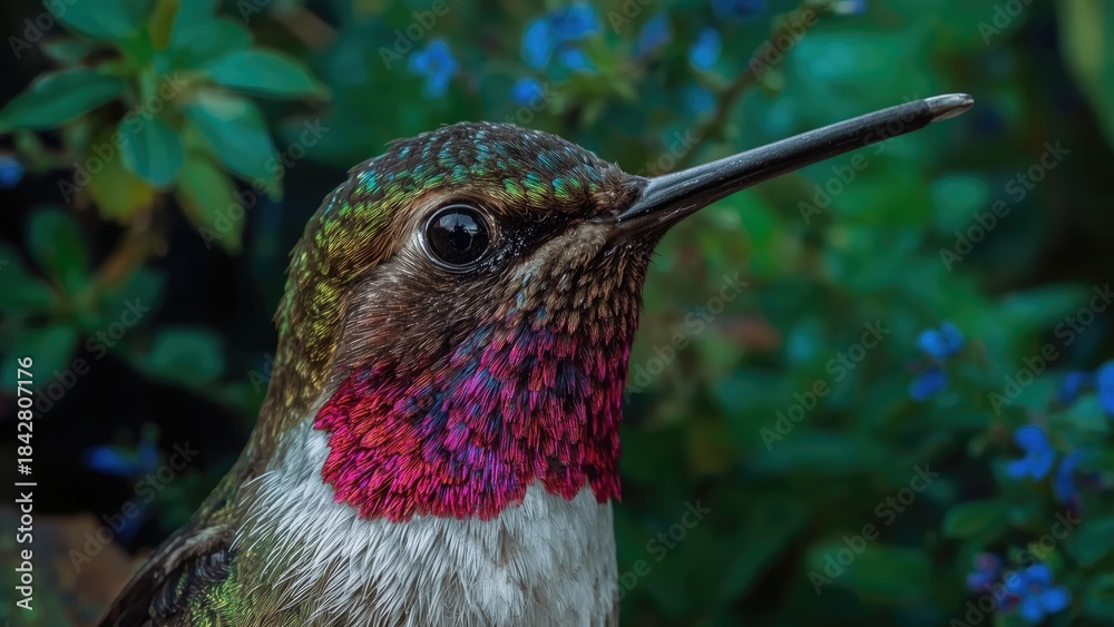 Naklejka premium Close-up of a hummingbird with vibrant pink and green feathers, surrounded by green foliage.