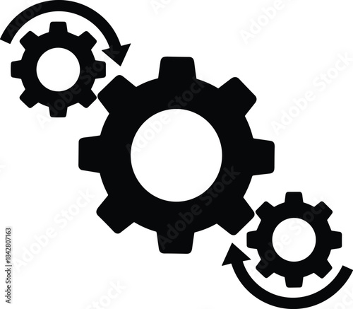 Three interlocking gears icon with circular arrows symbolizing continuous process, workflow, automation, and ongoing operation cycle, technical mechanism cogs, black vector illustration for business.