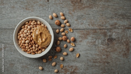 Dry chickpeas in a bowl with peanut butter on a wooden surface.