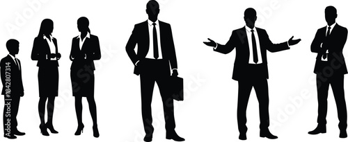 Silhouettes of six people in business attire, black figures showing professional poses, teamwork and leadership illustration concept