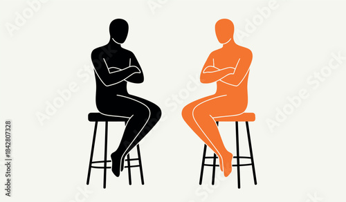 Two silhouette figures sitting on stools in profile view