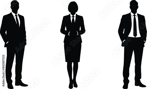 Silhouettes of three business professionals in formal attire, black figures showing corporate posture and dress code illustration