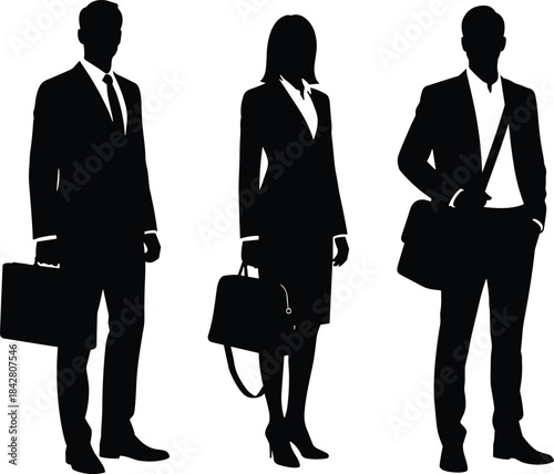 Silhouettes of three business professionals with bags, black figures showing formal attire and corporate identity illustration