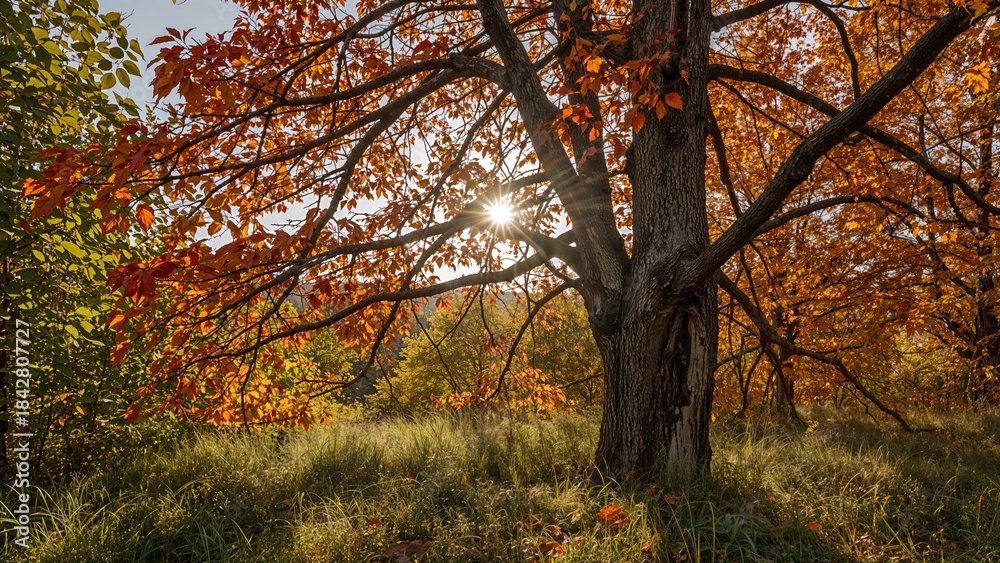 Fototapeta premium Autumn scene with a large tree, sunlight shining through the branches, and fall foliage. Nature and seasonal change. The concept of autumn and outdoor scenery.