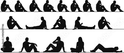Sitting and reclining silhouettes, casual human poses, relaxed body language, black vector icons, lifestyle illustration, posture concept art