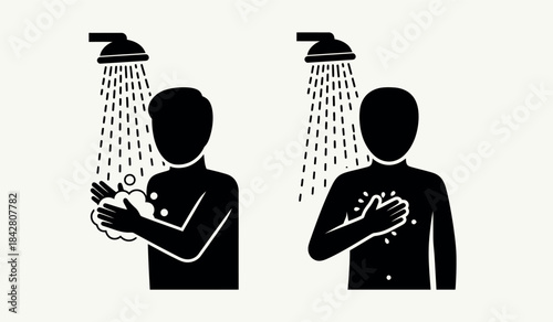 Handwashing under shower heads illustration