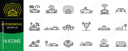 Autonomous Vehicle Icons Set — Self‑Driving Car, Driverless Taxi, Smart Traffic, Radar Sensor Line Vector
