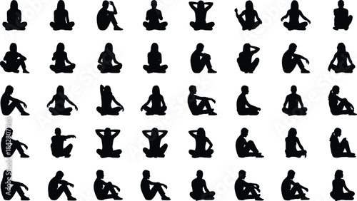 Sitting silhouettes, diverse seated poses, black vector people, posture icons, body language, relaxed figures, gesture design, human form, rest