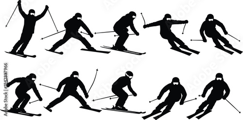 Skiing silhouettes, skier motion sequence, black vector, dynamic posture, winter sport, ski poles, downhill technique, white background, athletic movement, snow activity