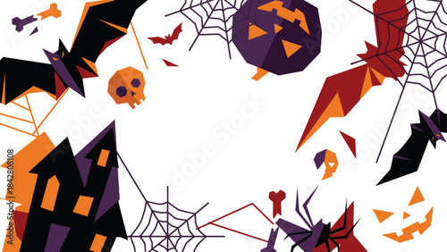 Halloween border illustration with bats, skulls, pumpkins, haunted houses, spider webs, festive spooky frame design