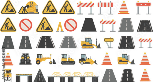 Road construction icons set featuring warning signs, traffic cones, machinery, barriers, roadway elements, safety symbols, and equipment