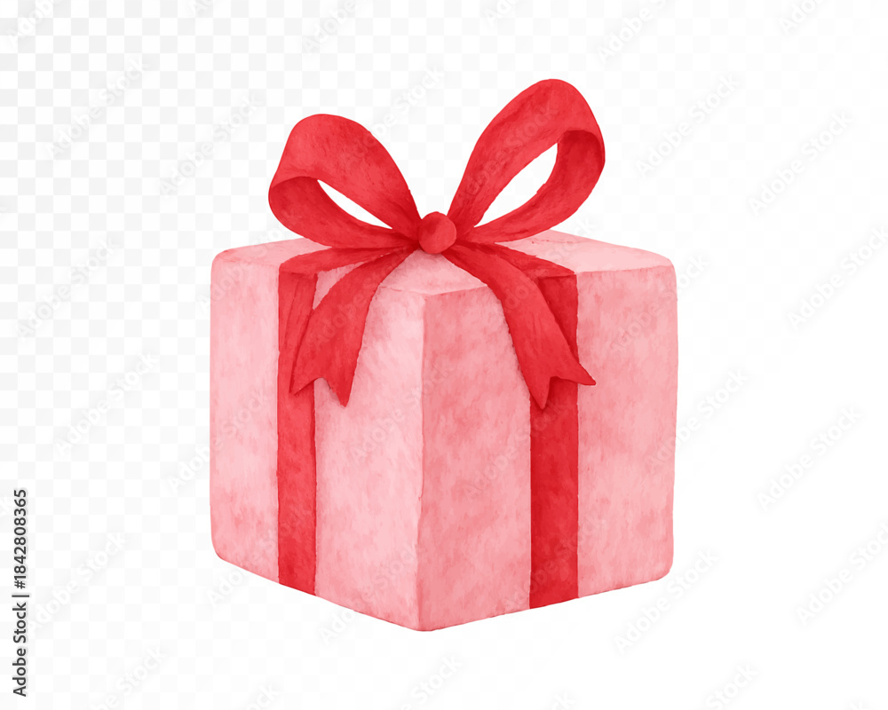 Obraz premium Pink watercolor gift box with red ribbon bow, festive present illustration for birthday, wedding, valentine and holiday celebration designs with soft painted texture. Vector illustration.