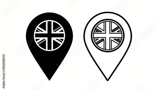 Uk map pin icon with union jack flag inside, two styles