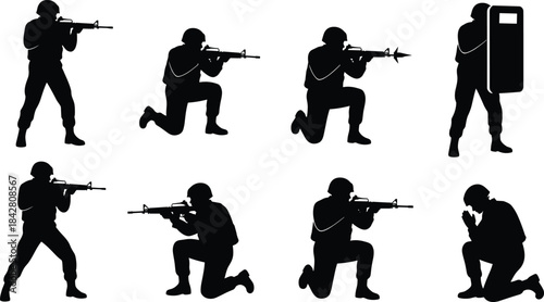 Soldier silhouettes, tactical poses, black vector, rifle stance, kneeling, crouching, shield, prayer gesture, white background, combat readiness, military gear