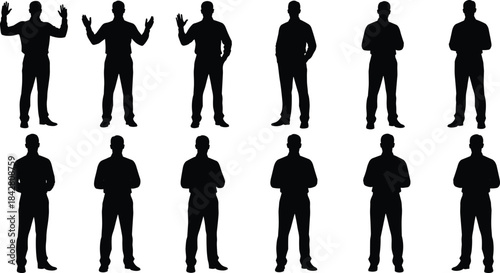 PrintStanding figure silhouettes, gesture variation, body language, black vector, posture study, expressive pose, human form, design reference, grid layout