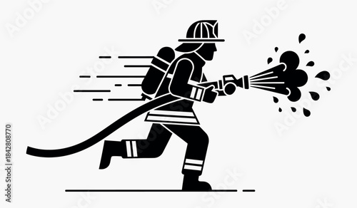 Firefighter in action with firehose silhouette illustration