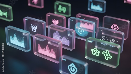 Collection of glowing digital business icons