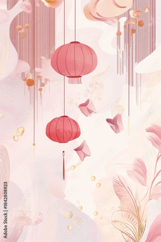Obraz premium Chinese New Year background with red lanterns, floral ink wash and copy space; elegant festive design celebrating Asian tradition and the Spring Festival in a warm red-and-gold palette.
