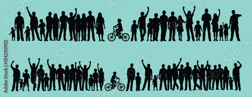 Diverse crowd of people and children waving in silhouette against a white background